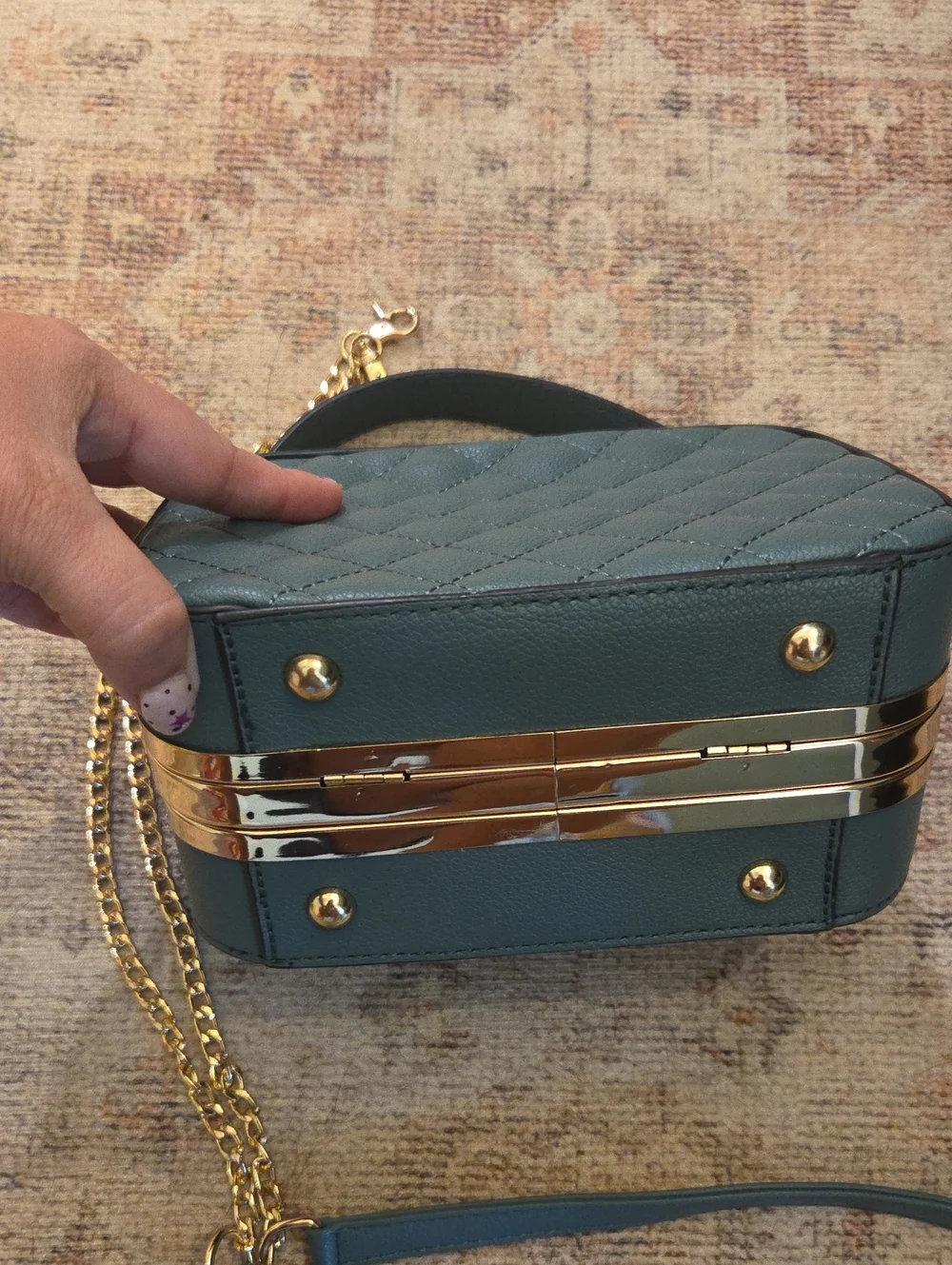 Quilted Teal Top-Handle Crossbody Bag with Crystal Clasp